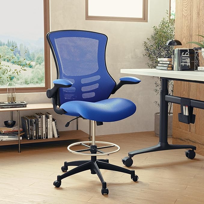 Flash Furniture Kelista Mid-Back Swivel Office Chair with Adjustable Seat Height, Ergonomic Mesh Desk Chair with Flip-Up Armrests, Blue
