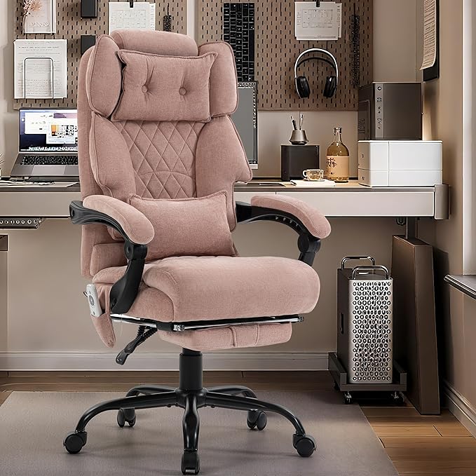 Massage Office Chair with Foot Rest,6 Points Vibration & Heat Executive Office Chairs for Heavy People,500LBS Big and Tall Office Chair,Ergonomic Reclining Desk Chair,Home & Office,Pink