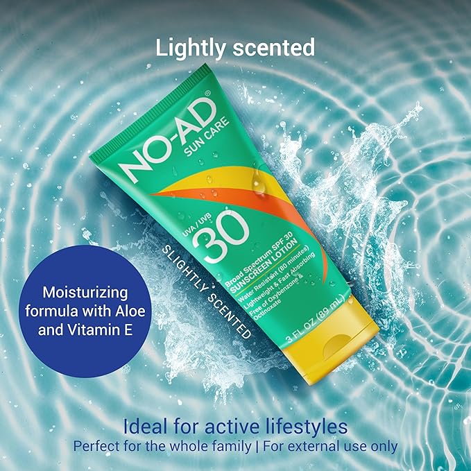 NO-AD SPF 30 Sunscreen Lotion | Broad Spectrum UVA/UVB Protection | Water Resistant | Octinoxate & Oxybenzone Free with moisturizing Vitamin E and Aloe 3oz | Pack of 3