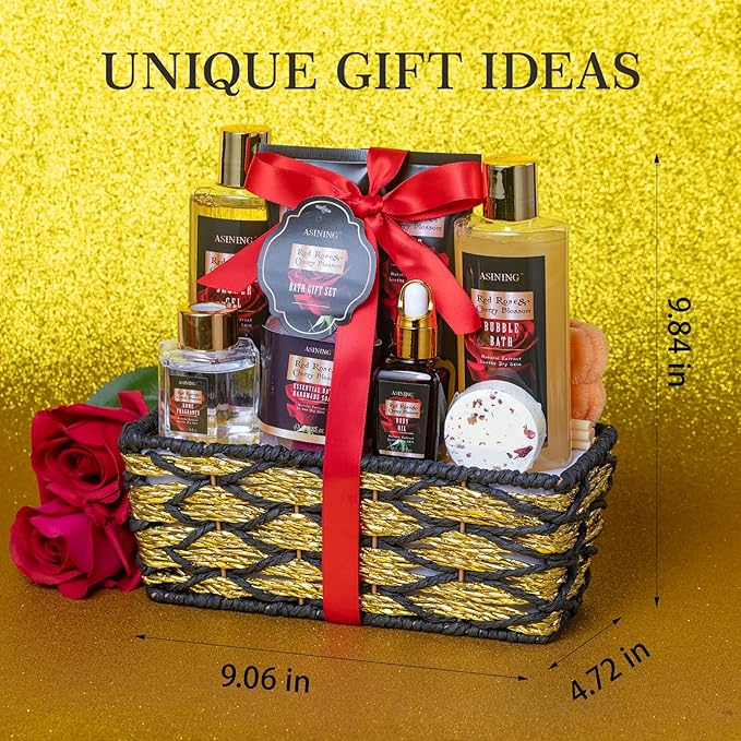 Luxury 14 pcs Cherry Blossom & Rose Bath and Body Basket Gift, Face Skin Care Kit, Home Spa Self Care, Relaxing Care Kit, Birthday, Christmas, Mother, Bridal Shower, Anniversary