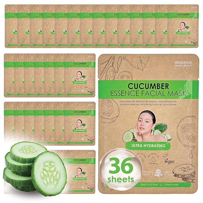 36 PK Vegan Face Masks for Skincare - Coconut, Aloe, Vitamin, Cucumber Facial Sheet Mask Korean Skin Care (36PK Cucumber)