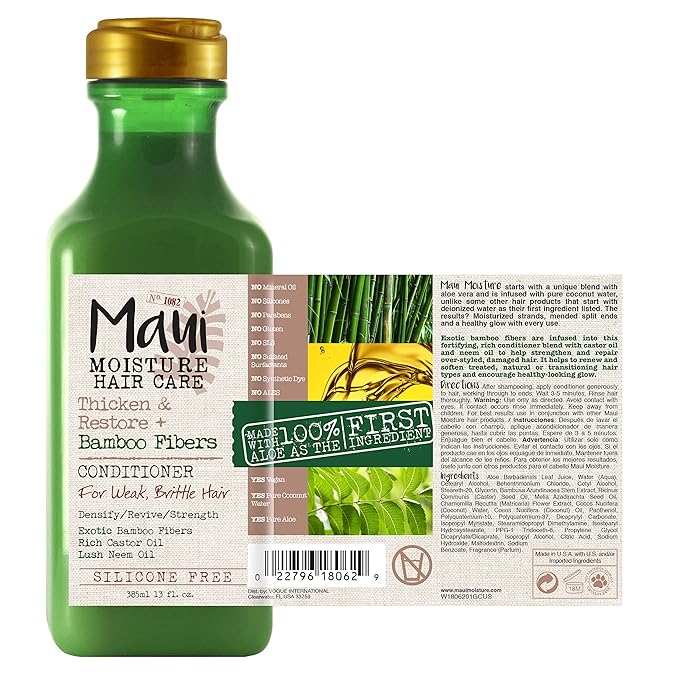 Maui Moisture Thicken & Restore + Bamboo Fibers Strengthening Conditioner to Soften Transitioning or Natural Hair & Renew Brittle Hair, Vegan, Silicone & Paraben-Free, 13 fl oz (Pack of 2)