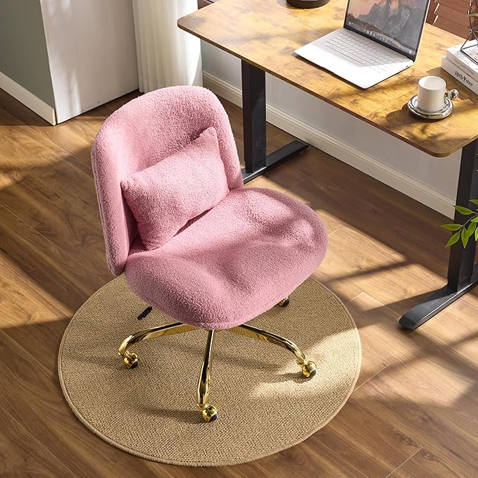 VINGLI Wide Criss Cross Legged Office Chair,Buttprint Ergonomic Desk Chair Comfy with Pillow&Gold Base,Dual-Use with/no Wheels,Adjustable Vanity Swivel Chair for Bedroom,Home Office,Teddy Plush,Purple