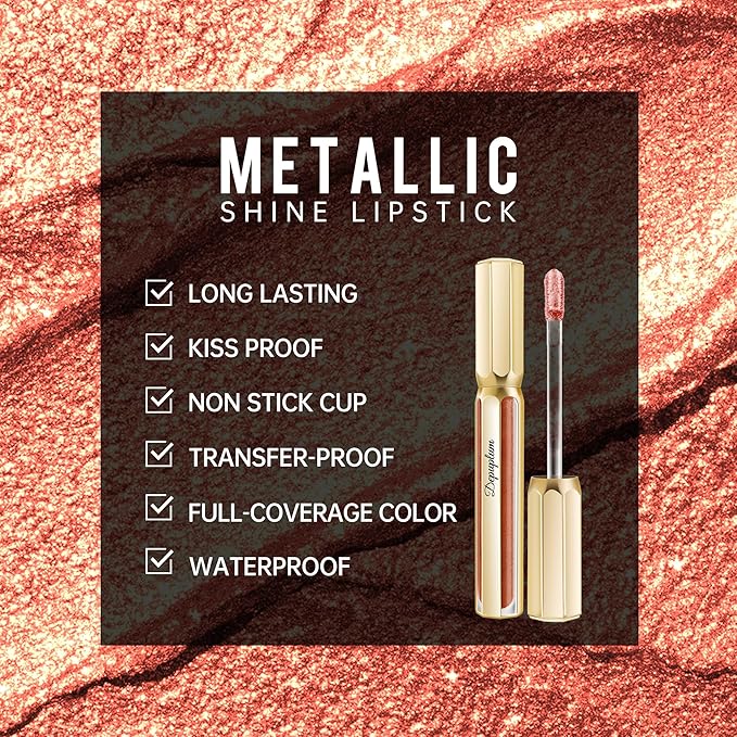 Bronze Lipsticks for Women Metallic Lipstick Long Lasting Non Stick Cup Lip Gloss, Metal Shine Lightweight Hydrating Full Coverage Lip Color, DP103 Fantasy