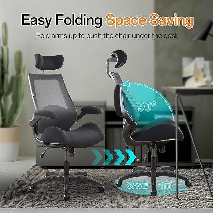 BOLISS 400lbs Ergonomic Office Desk Chair Big and Tall with Wide Seat – High Back Mesh Executive Chair with 4-Level Adjustable Headrest,Lumbar Cushion, Flip-Up Armrests for Storage (Black)
