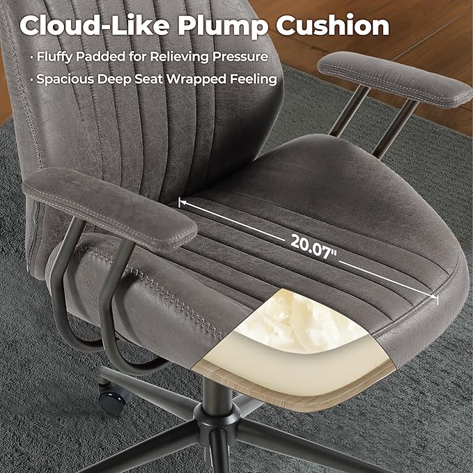 ovios Ergonomic Office Chair, High Back Faux Leather Executive Chairs with Armrests, Comfy Mid-Century Modern Swivel Rolling Computer Armchair (Dark Grey, Suede Leather)