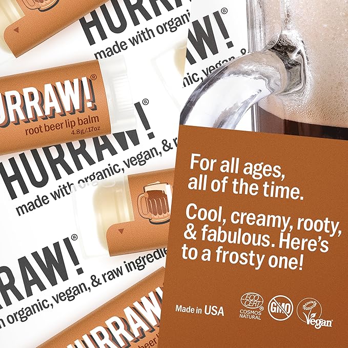 Hurraw! Root Beer Lip Balm: Organic, Certified Vegan, Cruelty and Gluten Free. Non-GMO, 100% Natural Ingredients. Bee, Shea, Soy and Palm Free. Made in USA