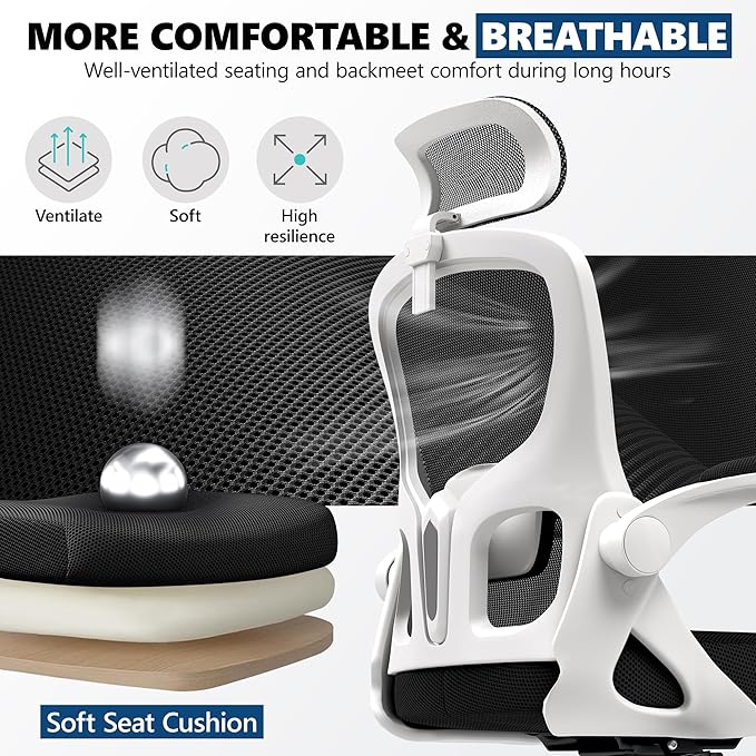 Ergonomic Office Chair, Mesh Desk Chair with Adjustable Headrest & Lumbar Support, Rolling Computer Chair with Flip-up Armrests, Comfy Swivel Home Office Chair for Long Hours - White