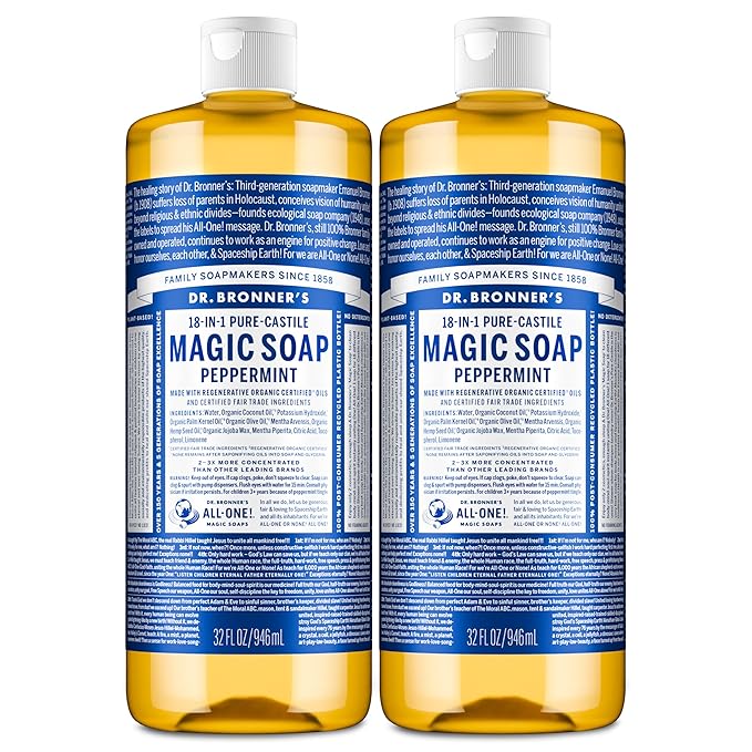 Dr. Bronner's Pure-Castile Magic Liquid Soap- Made with Regenerative Organic Oils- For Body, Face, Hair, Dishes, Pets, Laundry Natural, Vegan, Non-GMO - Peppermint, 32 oz (2-Pack)
