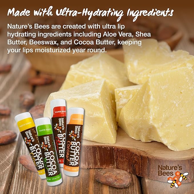 Nature's Bees Cocoa Butter Lip Balm, Shea Butter Flavor, Hydrating Lip Care for Dry Lips, Made in the USA with Coconut Oil, Beeswax, Vitamin E, & Aloe, 0.15 oz Each, 24 Pack - Packaging May Vary