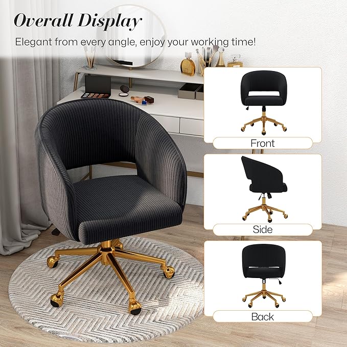 Home Office Swivel Desk Chair, Modern Corduroy Vanity Chair, Height Adjustable Armchair with Gold Base, Ergonomic Office Chair for Task Study Computer Room, Black