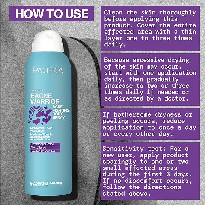 Pacifica Bacne Warrior - Bacne Salicylic Acid Spray, Back Acne Treatment Spray with 2% Salicylic Acid, Niacinamide, and Aloe, Body Acne Warrior for Body, Chest, and Back, Dermatologist Tested- 6 Fl Oz