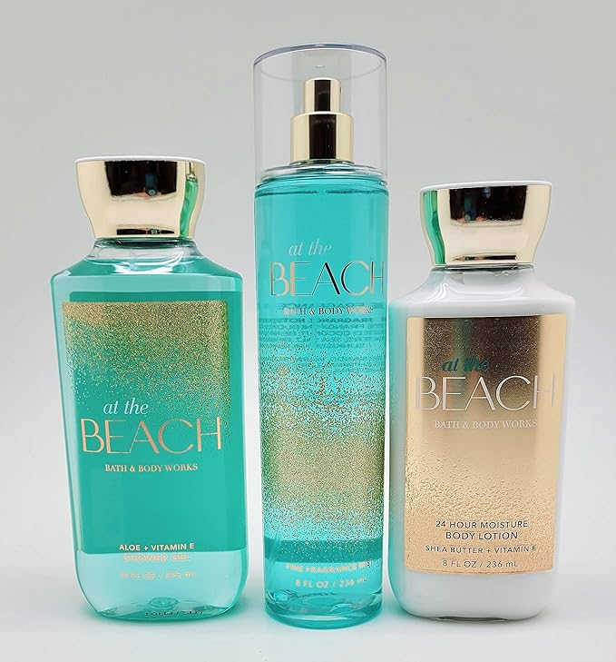 Bath & Body Works - At the Beach - 3 pc Trio Bundle - Shower Gel, Fine Fragrance Mist and 24-Hour Moisture Body Lotion -2020, Full Size