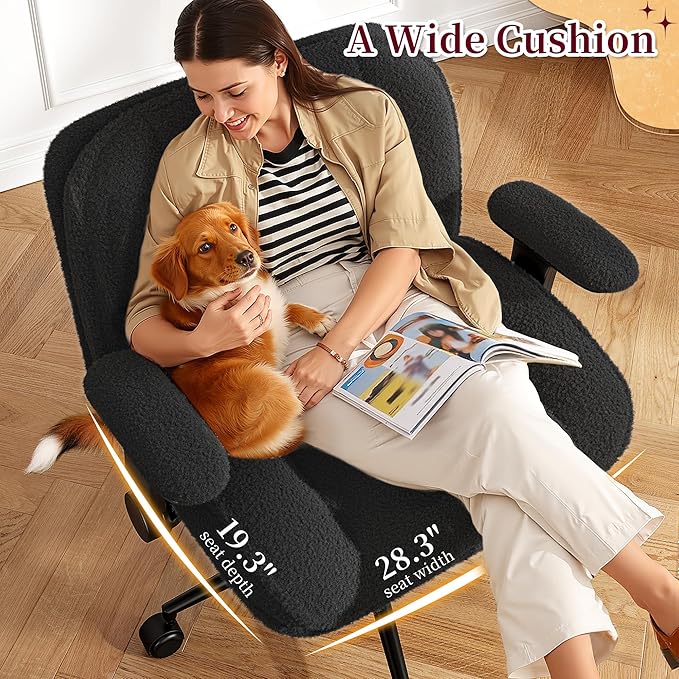 Desk Chair with Arms, Wide Ergonomic Office Chair with Thickened Seat Cushion, Cross Legged Office Chair for Home Office, Bedroom, Study Room, Plush Fabric, Black