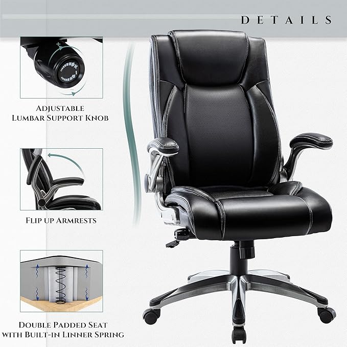 Executive Office Ergonomic Chair with Thick Bonded Leather, Flip-up Armrests, High Back Adjustable Height and Tilt for Working, Study, Gaming