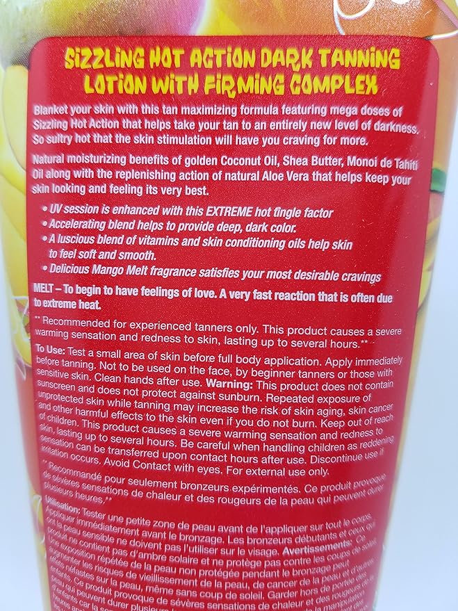Mango Melt Sizzling Hot Action Dark Tanning Lotion, 8 fl oz, For Indoor or Outdoor Sunning