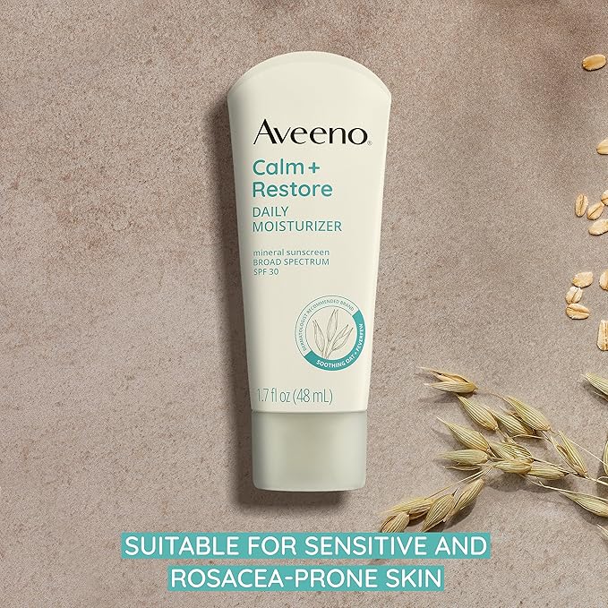 Aveeno Calm + Restore Daily Moisturizer Mineral Sunscreen with Broad Spectrum SPF 30, Lightweight All Day Moisture + UVA/UVB Sun Protection for Sensitive Skin, Fragrance Free, 1.7 fl. Oz | Mineral Sunscreen, Lightweight, All Day Moisture, Sensitive Skin