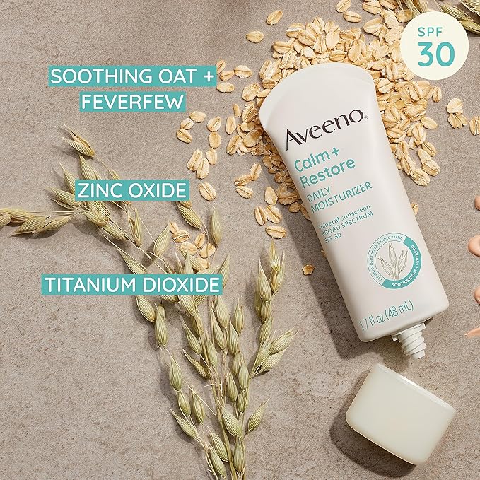 Aveeno Calm + Restore Daily Moisturizer Mineral Sunscreen with Broad Spectrum SPF 30, Lightweight All Day Moisture + UVA/UVB Sun Protection for Sensitive Skin, Fragrance Free, 1.7 fl. Oz | Mineral Sunscreen, Lightweight, All Day Moisture, Sensitive Skin