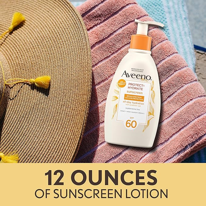 Aveeno Protect + Hydrate Sunscreen Moisturizing Lotion with Prebiotic Oat,Broad Spectrum SPF60,Paraben,& Oil Free,Weightless,Water & Sweat Resistant (80-min) for Sensitive Skin,12 Fl Oz,(Pack of 2)