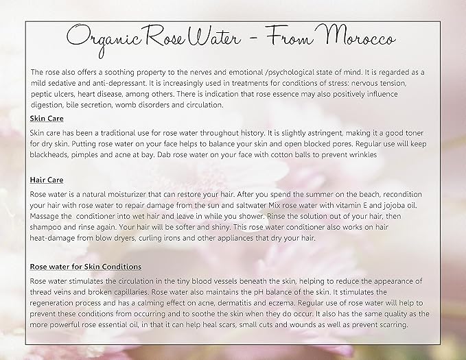 Premium Organic Moroccan Rose Water - 4oz Glass Bottle - Imported From Morocco - 100% Pure (Food Grade) Perfect for Reviving, Hydrating and Rejuvenating Your Face and Neck - By Sweet Essentials