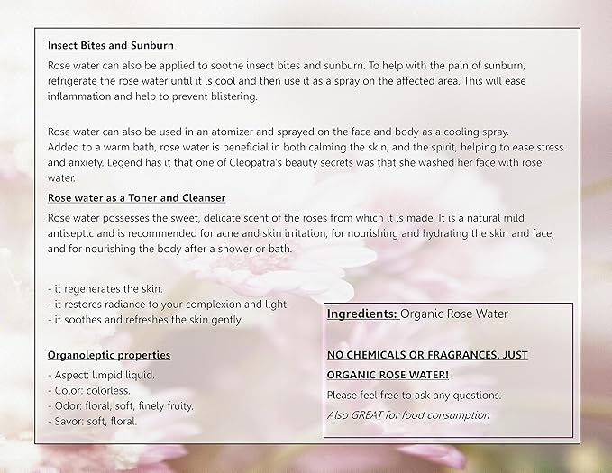 Premium Organic Moroccan Rose Water - 4oz W/Sprayer - Imported From Morocco - 100% Pure (Food Grade) No Oils or Alcohol - Rich in Vitamin A & C Perfect for Hydrating & Rejuvenating Your Face & Neck